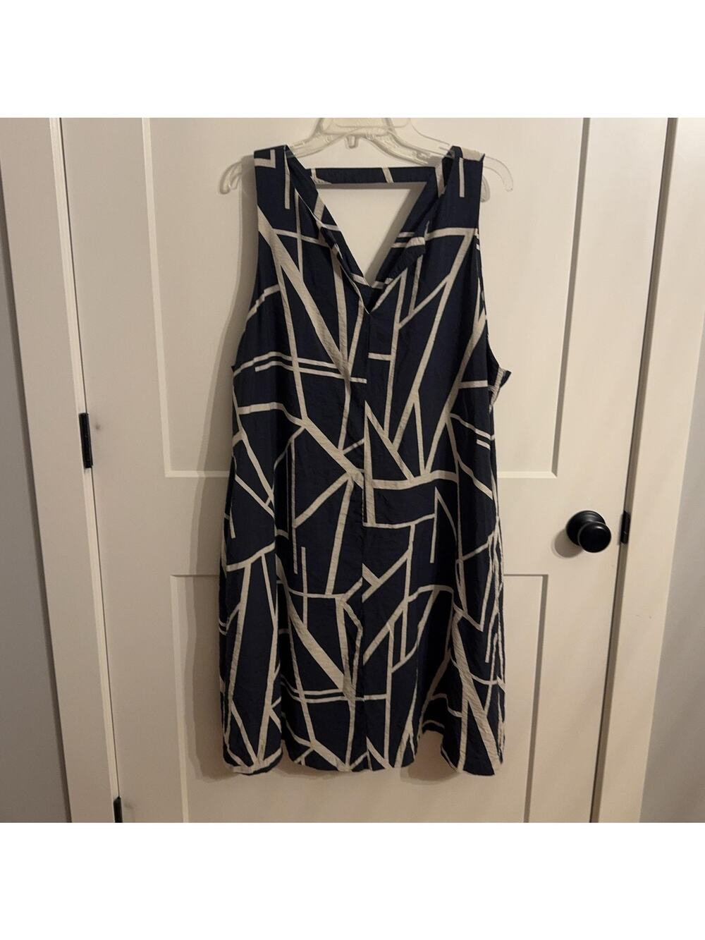 Banana Republic Dress XXL Blue Geometric V Neck Shift Trapeze Pockets Artsy Boho